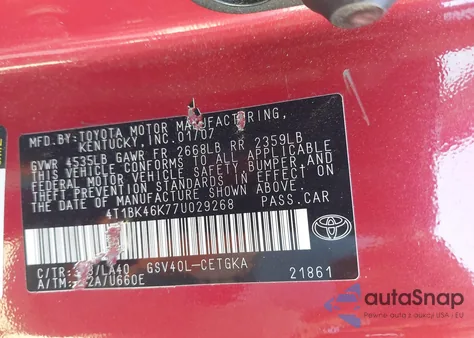 2007 Toyota Camry Xle V6 из США, поврежденный, VIN 4T1BK46K77U029268